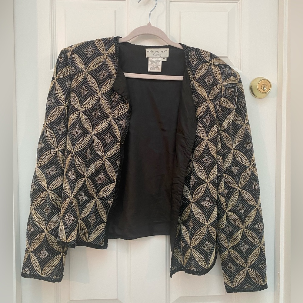 Papell Boutique Black and Gold Beaded Evening Blazer - XL